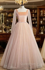 Champagne Pink Tulle Square Long Sleeve Evening Prom Dresses