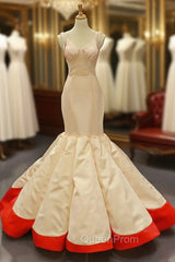 Champagne Red Mermaid Satin V-neck Pleats Evening Prom Dresses