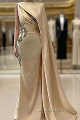 Champagne Robe De Soiree Sheath Floor Length Satin Beaded Long Evening Prom Dresses Evening Prom Gown Evening Dresses