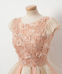 Champagne round neck tulle beads short Evening Prom Dresses, homecoming Dresses