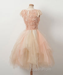 Champagne round neck tulle beads short Evening Prom Dresses, homecoming Dresses