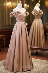 Champagne Satin Long Party Dresses Evening Prom Dresses, A-line Simple Evening Dresses