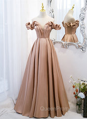 Champagne Satin Long Party Dresses Evening Prom Dresses, A-line Simple Evening Dresses