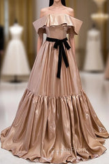 Champagne Satin Off the Shoulder Evening Prom Dresses With Bow