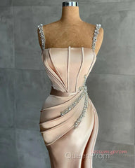 Champagne Satin Straps Beading Mermaid Evening Prom Dresses