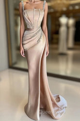 Champagne Satin Straps Beading Mermaid Evening Prom Dresses
