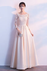 Champagne Satin With Lace Long Sleeves Evening Prom Dresses Evening Dresses, A-Line Simple Bridesmaid Dresses