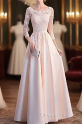 Champagne Satin With Lace Long Sleeves Evening Prom Dresses Evening Dresses, A-Line Simple Bridesmaid Dresses