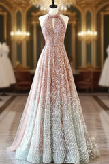 Champagne Sequins Halter Evening Prom Dresses