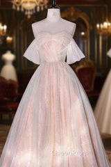 Champagne Sequins Long A-Line Evening Prom Dresses, Off the Shoulder Evening Party Dresses