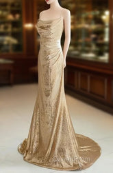 Champagne Sequins Long Evening Prom Dresses, Sequins Champagne Evening Dresses