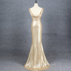 Champagne Sequins Low Back Long Bridesmaid Dresses, Mermaid Evening Prom Dresses Party Dresses