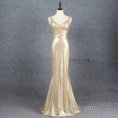 Champagne Sequins Low Back Long Bridesmaid Dresses, Mermaid Evening Prom Dresses Party Dresses