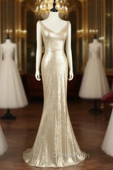 Champagne Sequins Low Back Long Bridesmaid Dresses, Mermaid Evening Prom Dresses Party Dresses