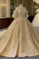 Champagne Sequins Puff Sleeve Appliques Beading Wedding Dresses