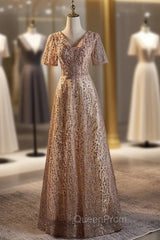 Champagne Sequins Short Sleeve Evening Prom Dresses