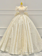 Champagne Sequins Square Puff Sleeve Beading Wedding Dress