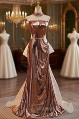 Champagne Sequins Strapless Evening Prom Dresses With Bow