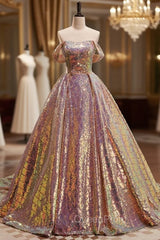 Champagne Sequins Strapless Evening Prom Dresses With Train