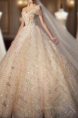 Champagne Sequins Tulle Off the Shoulder Appliques Wedding Dresses