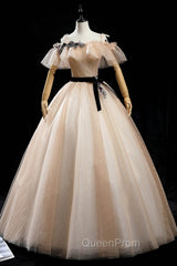 Champagne Shiny Tulle Floor Length Evening Prom Dresses, Off the Shoulder Evening Dresses