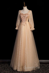 Champagne Short Sleeves Beaded Long Party Dresses, A-Line Tulle Evening Prom Dresses