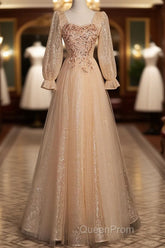 Champagne Short Sleeves Beaded Long Party Dresses, A-Line Tulle Evening Prom Dresses