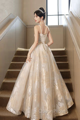 Champagne Spaghetti Strap Tulle Formal Dresses, A-Line Sweetheart Neck Evening Party Dresses