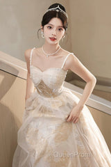 Champagne Spaghetti Strap Tulle Formal Dresses, A-Line Sweetheart Neck Evening Party Dresses