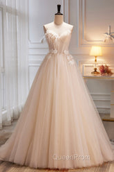 Champagne Spaghetti Strap Tulle Evening Dresses with Feathers, Cute A-Line Evening Dresses