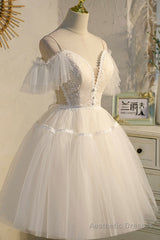 Champagne Spaghetti Straps Lace Short Prom Dress, A-Line Party Dress