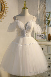 Champagne Spaghetti Straps Lace Short Prom Dress, A-Line Party Dress