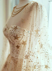 Champagne Stars A-Line Tulle Long Formal Dresses, Champagne Evening Prom Dresses