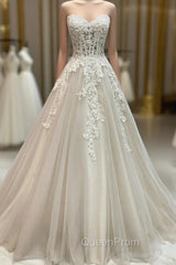 Champagne Strapless Lace Long Evening Prom Dresses, A-Line Evening Dresses