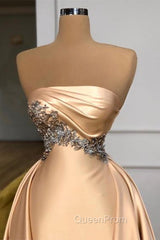 Champagne Strapless Overskirt Evening Prom Dresses Long With Crystals