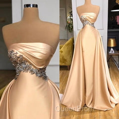 Champagne Strapless Overskirt Evening Prom Dresses Long With Crystals