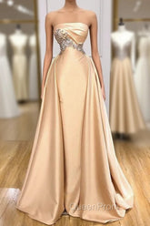 Champagne Strapless Overskirt Evening Prom Dresses Long With Crystals
