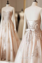Champagne Sweetheart Lace Applique Long Evening Prom Dresses, Champagne Evening Dresses