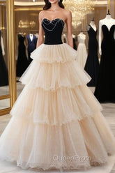 Champagne Sweetheart Neck Tulle Long Evening Prom Dresses, Champagne Evening Dresses