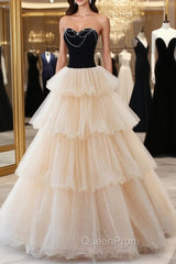 Champagne Sweetheart Neck Tulle Long Evening Prom Dresses, Champagne Evening Dresses