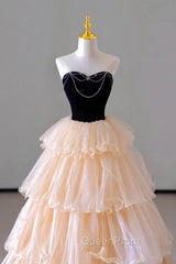 Champagne Sweetheart Tulle Layers Long Party Dresses, Strapless A-Line Evening Prom Dresses