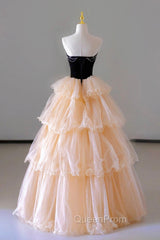 Champagne Sweetheart Tulle Layers Long Party Dresses, Strapless A-Line Evening Prom Dresses