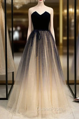 Champagne Tulle And Navy Blue Velvet Strapless Evening Prom Dresses