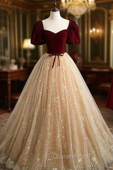 Champagne Tulle and Velvet Long Party Dresses, Short Sleeves Evening Prom Dresses