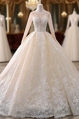 Champagne Tulle Appliques Long Sleeve Beading Wedding Dresses