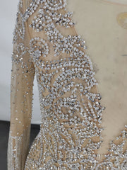 Champagne Tulle Beads Mermaid Short Evening Prom Dresses, Champagne Evening Dresses