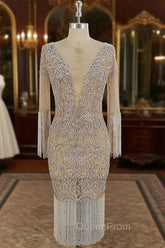 Champagne Tulle Beads Mermaid Short Evening Prom Dresses, Champagne Evening Dresses