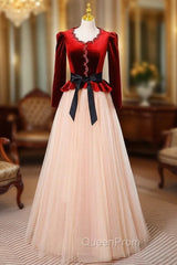 Champagne Tulle Burgundy Velvet Long Sleeve Evening Prom Dresses