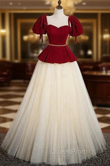 Champagne Tulle Burgundy Velvet Puff Sleeve Beading Evening Prom Dresses