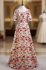 Champagne Tulle Embroidery Square Short Sleeve Evening Prom Dresses